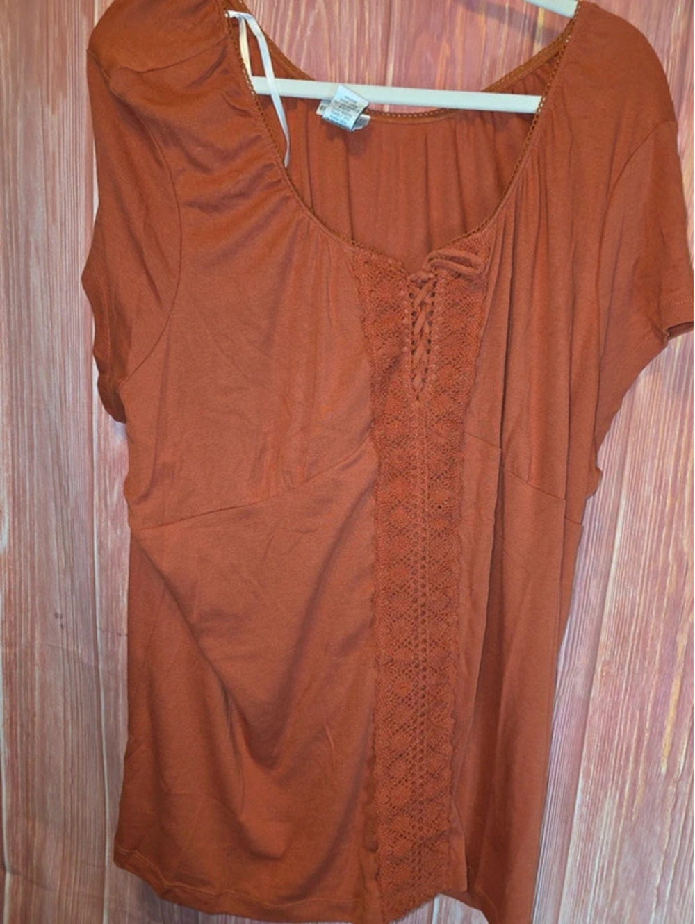 Fashion Bug Rust Terracotta Crochet Lace Up Peasant Top 30/32 Plus